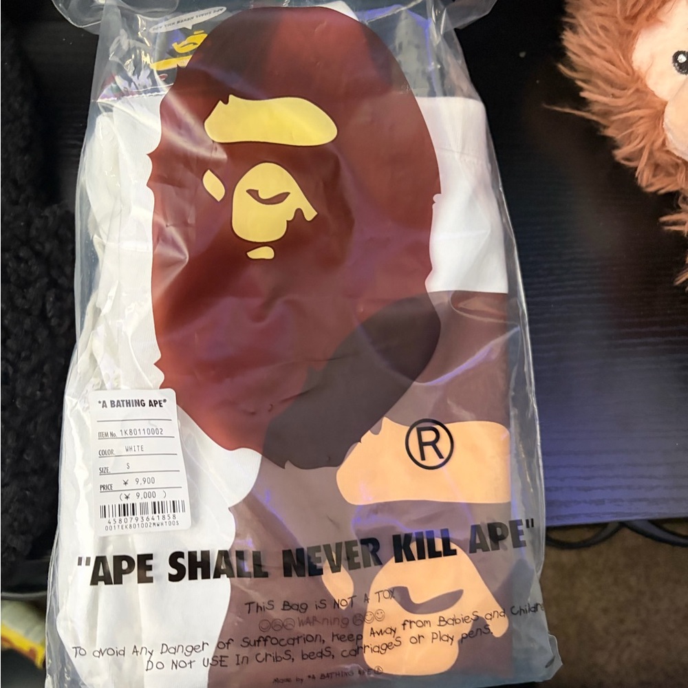 Bape White Graphic Dress Shirt with Brown and Yellow Ape Print